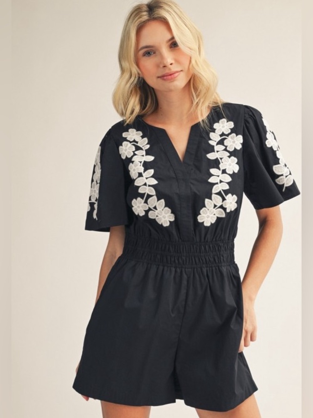 Jodifl Black Floral Embroidered Romper
